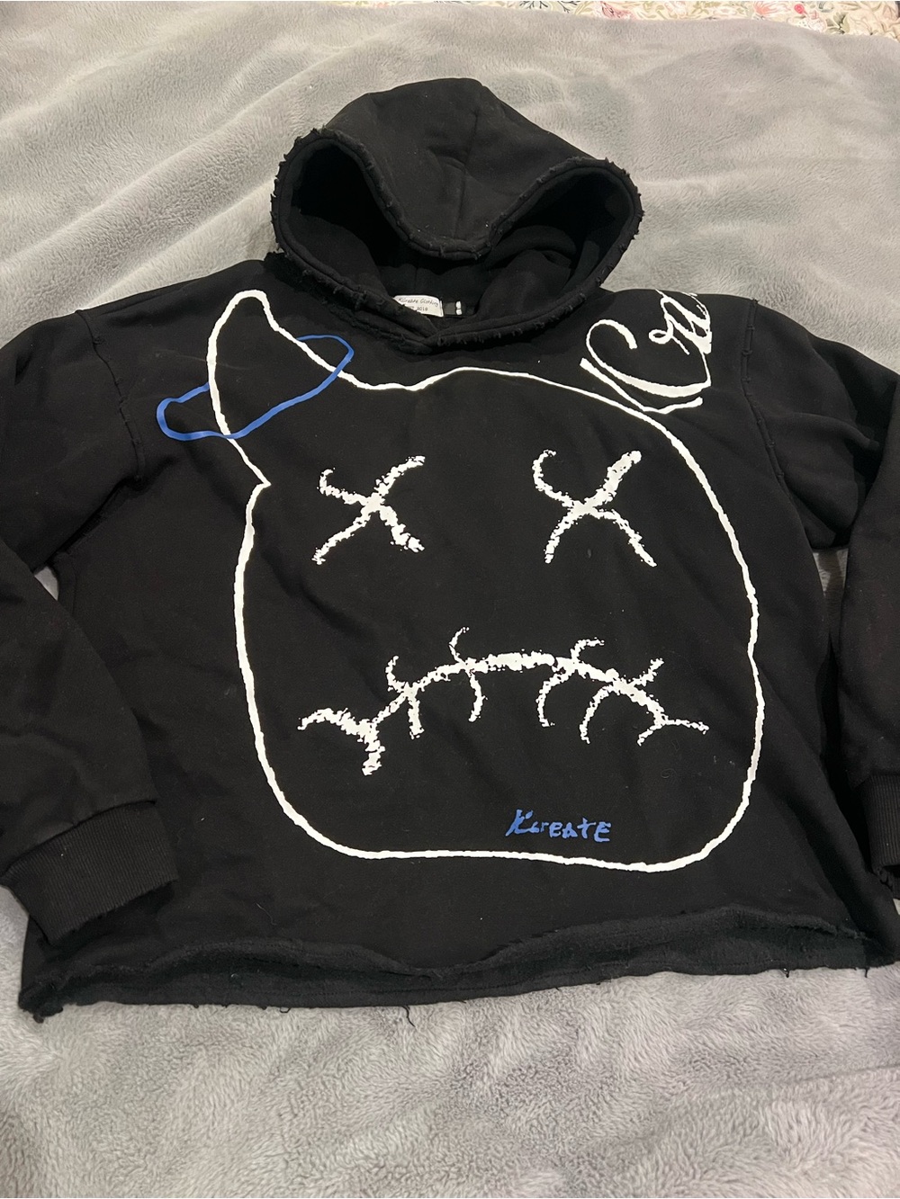 KCreate Clothing Artistic Black Graphic Hoodie with White & Blue Sketch Face L